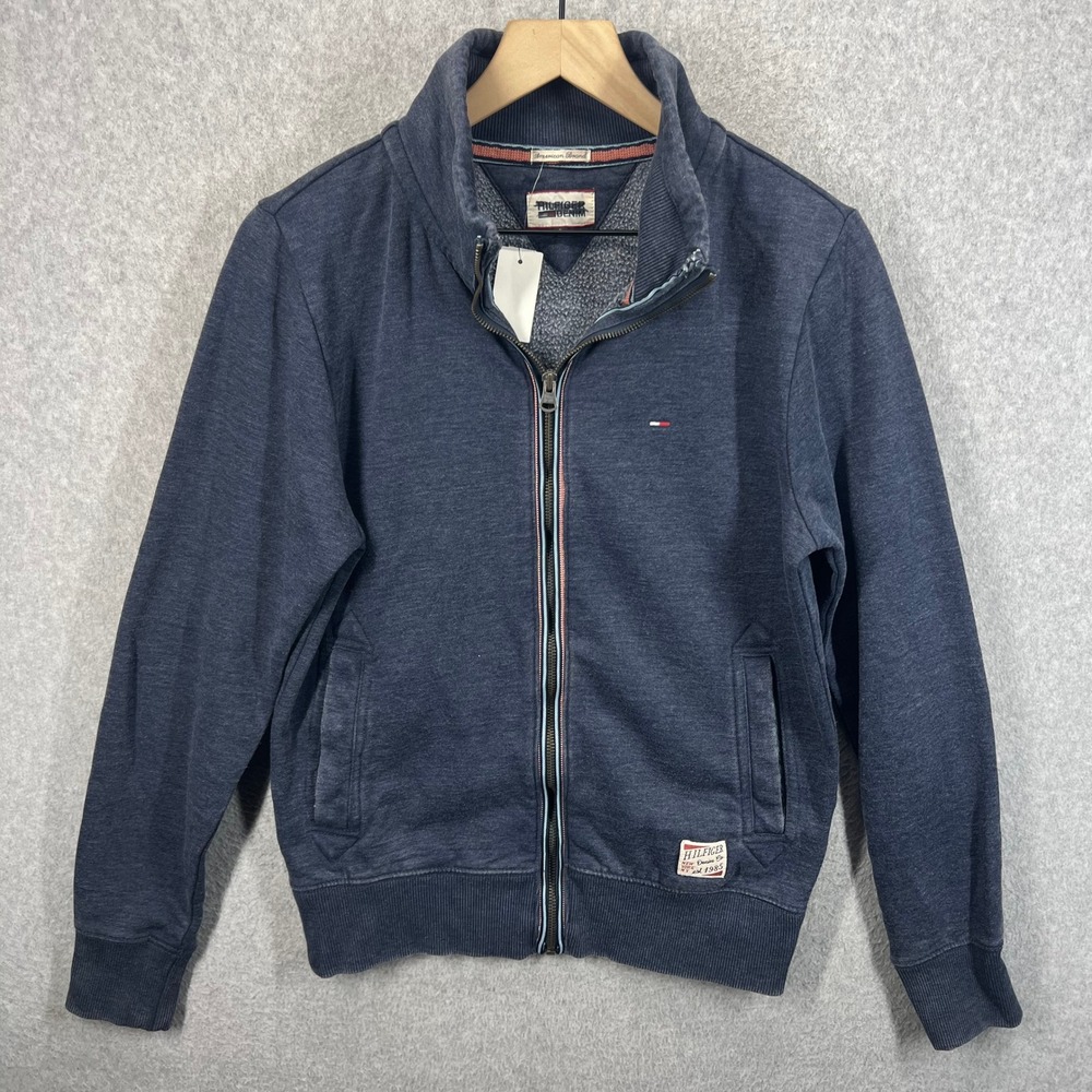 Tommy Hilfiger Denim Full Zip Sweatshirt Mens S Blue Elbow Patch Fleece NWT